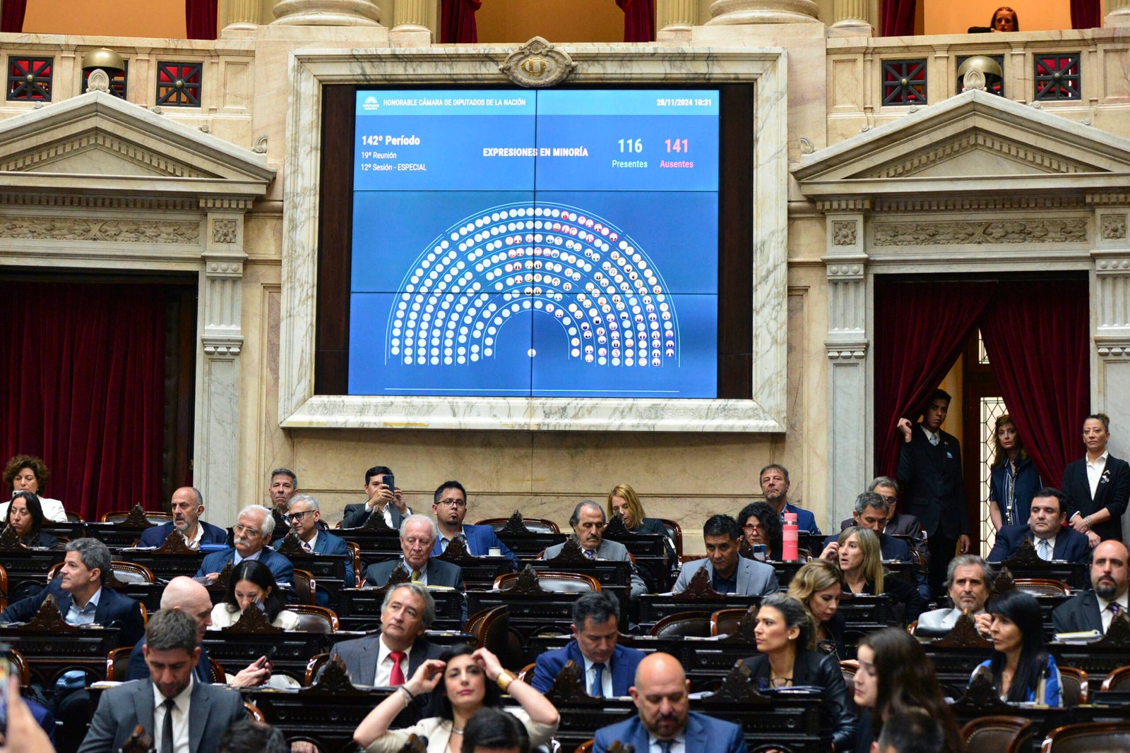 el recinto de la cámara de diputados de la nación con el tablero que indica que no hay quorum